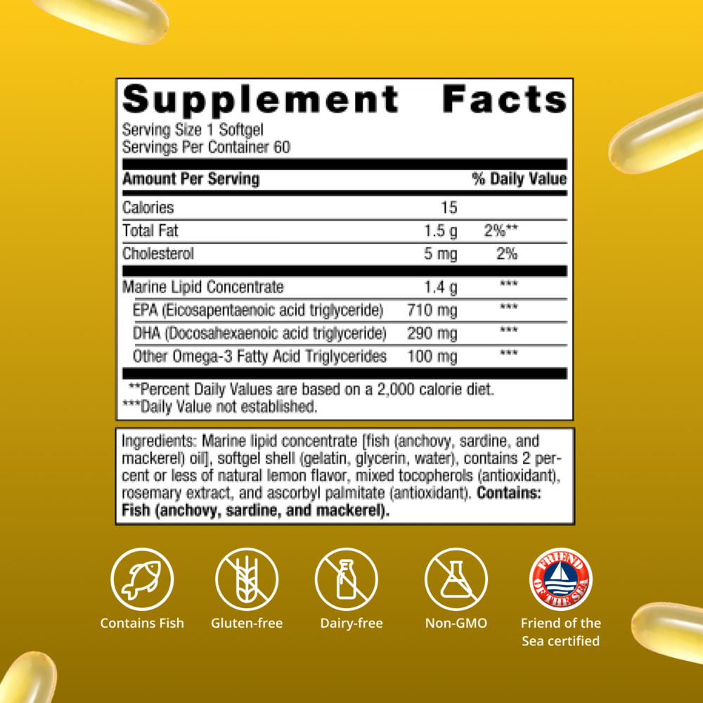 OmegaGenics® 5-in-1 Fish Oil, 1000mg EPA-DHA, Lemon Flavor Softgels - 60ct